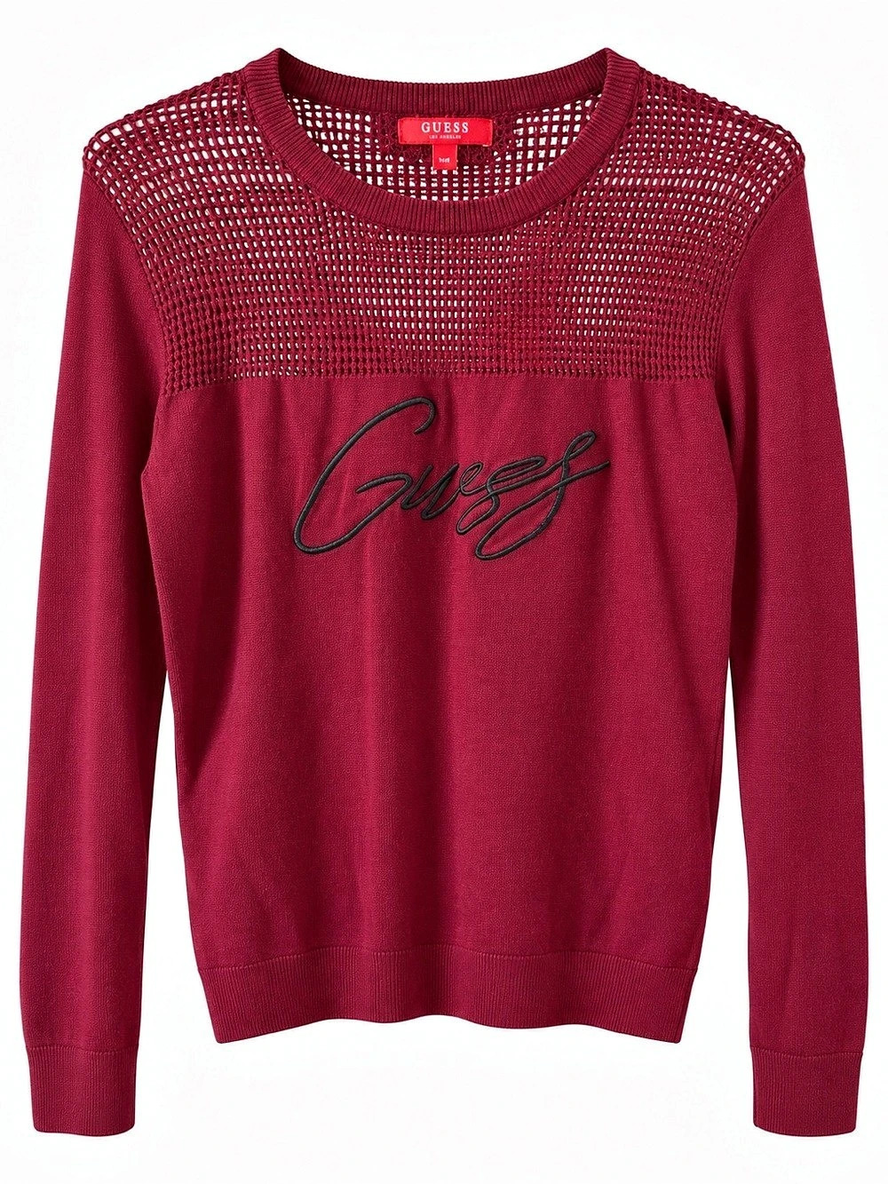 GUESS Burgundy Mesh Yoke Embroidered Logo Knit Sweater Women’s M